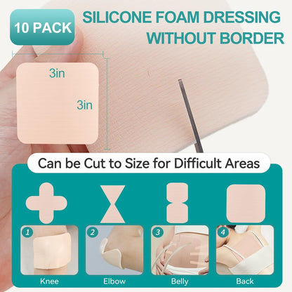 Dimora Silikon-Schaumverband ohne Rand 10er-Pack – 3x3 Zoll, hochsaugfähige, haftende, wasserdichte Wundauflagen, schneidbare Pads für die Wundversorgung
