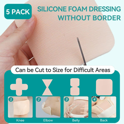 Dimora Silikon-Schaumverband ohne Rand – 6x6 Zoll, hoch saugfähige, selbstklebende Wundauflagen, schneidbar, für die Wundversorgung, 5er-Pack
