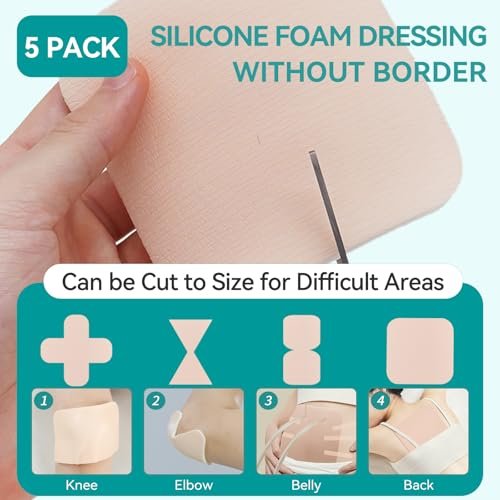Dimora Silikon-Schaumverband ohne Rand – 6x6 Zoll, hoch saugfähige, selbstklebende Wundauflagen, schneidbar, für die Wundversorgung, 5er-Pack