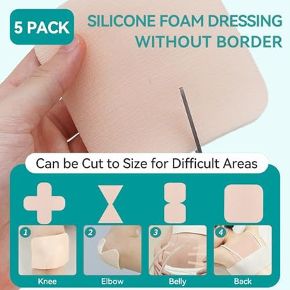 Dimora Silikon-Schaumverband ohne Rand – 6x6 Zoll, hoch saugfähige, selbstklebende Wundauflagen, schneidbar, für die Wundversorgung, 5er-Pack