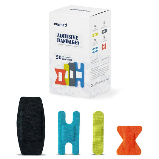 Ourmed Flexible Fabric-Bandagen mit nicht haftendem Pad, Latexfrei, Regenbogenfarben, selbstklebende Wundverbände für Schnitte, Schrammen, Blasen, verschiedene Größen, 50 Stück