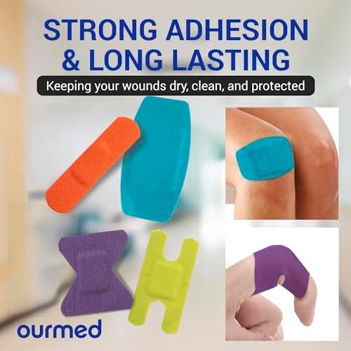 Ourmed Flexible Fabric-Bandagen mit nicht haftendem Pad, Latexfrei, Regenbogenfarben, selbstklebende Wundverbände für Schnitte, Schrammen, Blasen, verschiedene Größen, 50 Stück