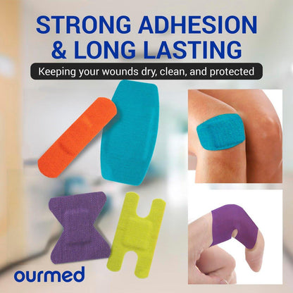 Ourmed Flexible Fabric-Bandagen mit nicht haftendem Pad, Latexfrei, Regenbogenfarben, selbstklebende Wundverbände für Schnitte, Schrammen, Blasen, verschiedene Größen, 50 Stück