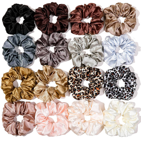 16 Scrunchies für Frauen – Satin Haargummis und Bänder, große Pferdeschwanz-Halter für dickes, lockiges Haar, niedliche No-Crease Pferdeschwänze, kein Haarbruch