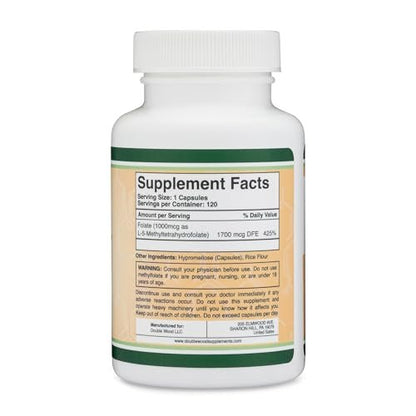 Methylfolat 1.000mcg, 120 Kapseln – Drittgeprüftes Methylfolat-Präparat, bioaktive Form von Folat (Folsäure), nicht-GVO, vegan