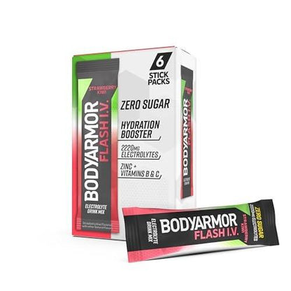 BODYARMOR Flash I.V. Electrolyte Packets, Strawberry Kiwi, Zuckerfreies Getränkepulver, Einzelportionen, Kokoswasser-Pulver, Hydration für Workout, Reise-Essential, 6 Stück