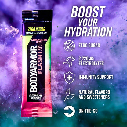 BODYARMOR Flash I.V. Electrolyte Packets, Strawberry Kiwi, Zuckerfreies Getränkepulver, Einzelportionen, Kokoswasser-Pulver, Hydration für Workout, Reise-Essential, 6 Stück