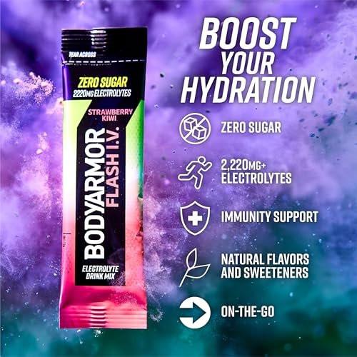 BODYARMOR Flash I.V. Electrolyte Packets, Strawberry Kiwi, Zuckerfreies Getränkepulver, Einzelportionen, Kokoswasser-Pulver, Hydration für Workout, Reise-Essential, 6 Stück