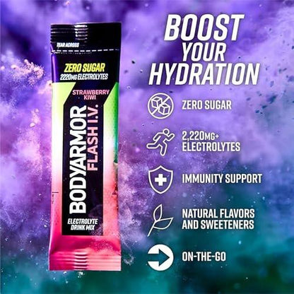 BODYARMOR Flash I.V. Electrolyte Packets, Strawberry Kiwi, Zuckerfreies Getränkepulver, Einzelportionen, Kokoswasser-Pulver, Hydration für Workout, Reise-Essential, 6 Stück