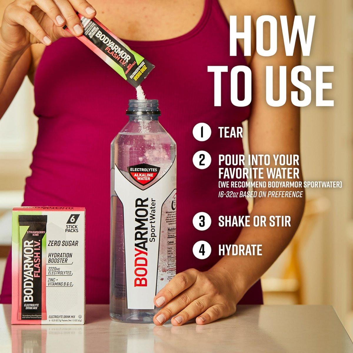 BODYARMOR Flash I.V. Electrolyte Packets, Strawberry Kiwi, Zuckerfreies Getränkepulver, Einzelportionen, Kokoswasser-Pulver, Hydration für Workout, Reise-Essential, 6 Stück