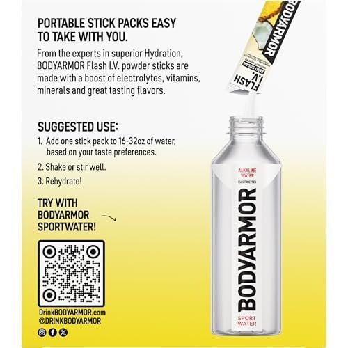 BODYARMOR Flash I.V. Electrolyte Packets, Strawberry Kiwi, Zuckerfreies Getränkepulver, Einzelportionen, Kokoswasser-Pulver, Hydration für Workout, Reise-Essential, 6 Stück