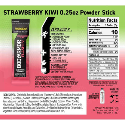 BODYARMOR Flash I.V. Electrolyte Packets, Strawberry Kiwi, Zuckerfreies Getränkepulver, Einzelportionen, Kokoswasser-Pulver, Hydration für Workout, Reise-Essential, 6 Stück