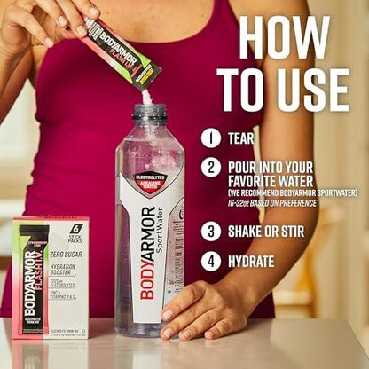 BODYARMOR Flash I.V. Electrolyte Packets, Strawberry Kiwi, Zuckerfreies Getränkepulver, Einzelportionen, Kokoswasser-Pulver, Hydration für Workout, Reise-Essential, 6 Stück