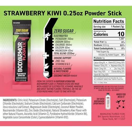 BODYARMOR Flash I.V. Electrolyte Packets, Strawberry Kiwi, Zuckerfreies Getränkepulver, Einzelportionen, Kokoswasser-Pulver, Hydration für Workout, Reise-Essential, 6 Stück