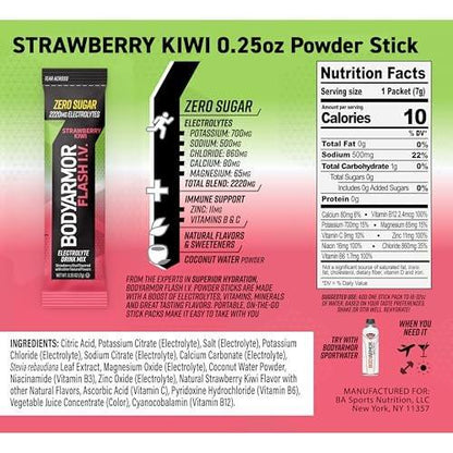 BODYARMOR Flash I.V. Electrolyte Packets, Strawberry Kiwi, Zuckerfreies Getränkepulver, Einzelportionen, Kokoswasser-Pulver, Hydration für Workout, Reise-Essential, 6 Stück