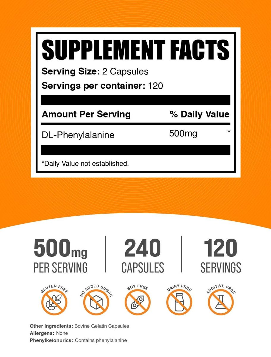 BulkSupplements.com DL-Phenylalanin Kapseln - DLPA Nahrungsergänzungsmittel, Aminosäurepräparat - Glutenfrei, 2 Kapseln pro Portion (500 mg), 240 Kapseln (1er-Pack)