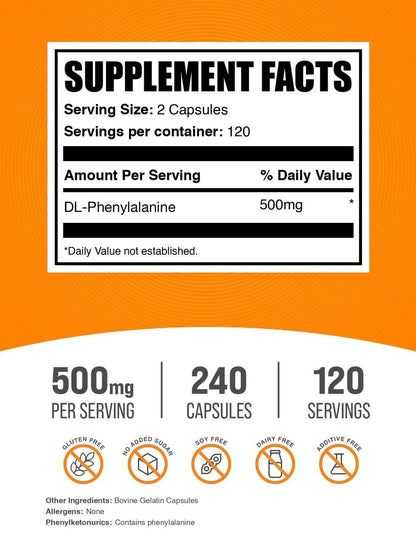 BulkSupplements.com DL-Phenylalanin Kapseln - DLPA Nahrungsergänzungsmittel, Aminosäurepräparat - Glutenfrei, 2 Kapseln pro Portion (500 mg), 240 Kapseln (1er-Pack)