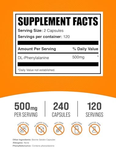 BulkSupplements.com DL-Phenylalanin Kapseln - DLPA Nahrungsergänzungsmittel, Aminosäurepräparat - Glutenfrei, 2 Kapseln pro Portion (500 mg), 240 Kapseln (1er-Pack)
