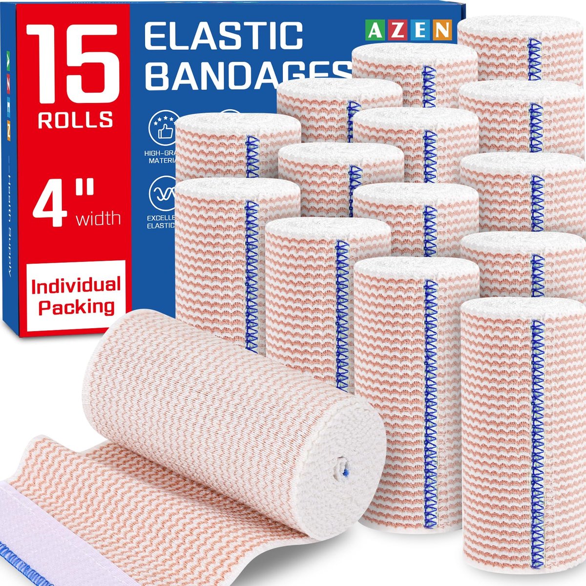AZEN Premium 15-teiliges elastisches Verbandswrap 4 Zoll - Kompressionswickel für Beine, Lymphödem-Wickel, Knöchel, Knie, Bauch, Körper, Latexfrei
