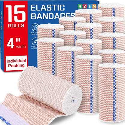 AZEN Premium 15-teiliges elastisches Verbandswrap 4 Zoll - Kompressionswickel für Beine, Lymphödem-Wickel, Knöchel, Knie, Bauch, Körper, Latexfrei