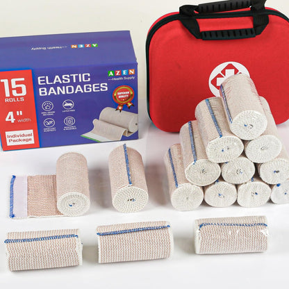 AZEN Premium 15-teiliges elastisches Verbandswrap 4 Zoll - Kompressionswickel für Beine, Lymphödem-Wickel, Knöchel, Knie, Bauch, Körper, Latexfrei