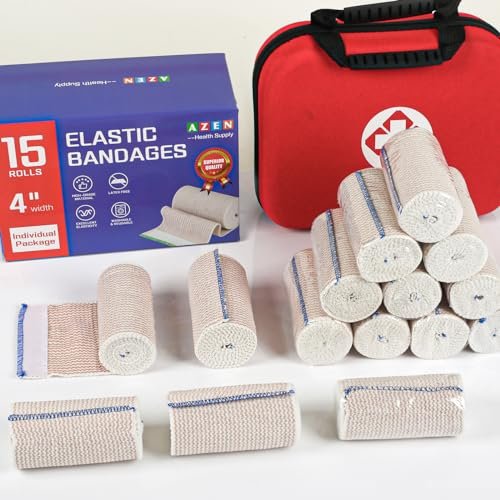 AZEN Premium 15-teiliges elastisches Verbandswrap 4 Zoll - Kompressionswickel für Beine, Lymphödem-Wickel, Knöchel, Knie, Bauch, Körper, Latexfrei