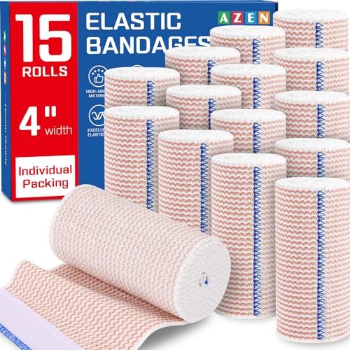 AZEN Premium 15-teiliges elastisches Verbandswrap 4 Zoll - Kompressionswickel für Beine, Lymphödem-Wickel, Knöchel, Knie, Bauch, Körper, Latexfrei