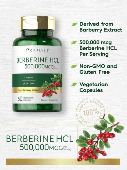Carlyle Berberin HCL Nahrungsergänzungsmittel | 500.000 mcg | 60 Kapseln | Vegetarisch, Nicht-GVO, Glutenfrei