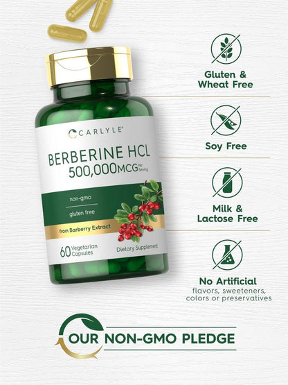 Carlyle Berberin HCL Nahrungsergänzungsmittel | 500.000 mcg | 60 Kapseln | Vegetarisch, Nicht-GVO, Glutenfrei