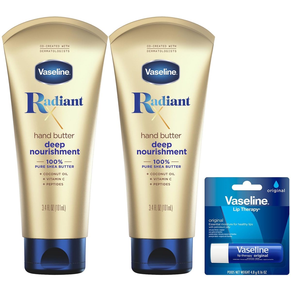 Vaseline Lotion, Radiant X Tiefenpflege Handbutter 2er-Pack für trockene Haut + Original Vaseline Lip Therapy Stick für trockene Lippen mit Vaseline (3-teiliges Set)