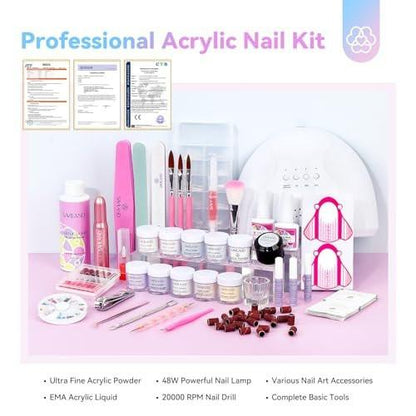 Saviland Acryl-Nagel-Set mit allem: 10 Farben Acrylpulver, klarer Liquid-Monomer, 48W Nagellampe, 20000 U/min Nagelbohrer, komplettes Werkzeug für Heim-Maniküre und Nagelverlängerungen
