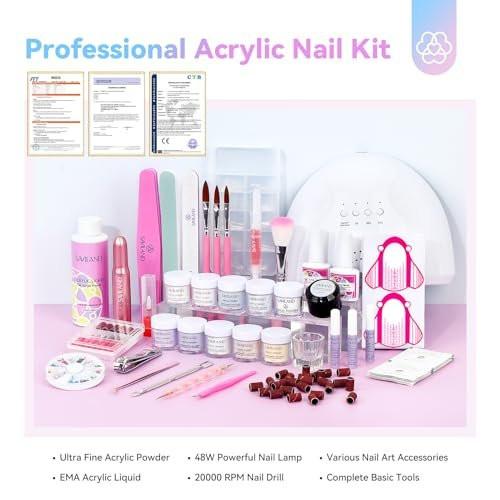 Saviland Acryl-Nagel-Set mit allem: 10 Farben Acrylpulver, klarer Liquid-Monomer, 48W Nagellampe, 20000 U/min Nagelbohrer, komplettes Werkzeug für Heim-Maniküre und Nagelverlängerungen