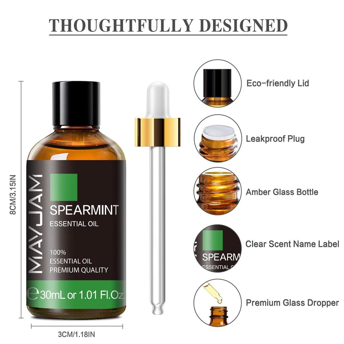 MAYJAM Spearmintöl 30ml – 100% reines ätherisches Öl für Aromatherapie, Diffuser, Seifenherstellung und Massage