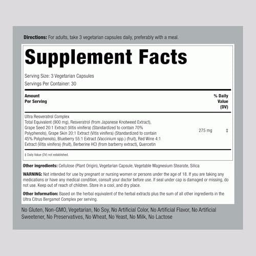 Piping Rock Resveratrol Berberin Traubenkern & Quercetin Komplex | 90 Kapseln | Vegetarisch, Nicht-GVO & Glutenfrei