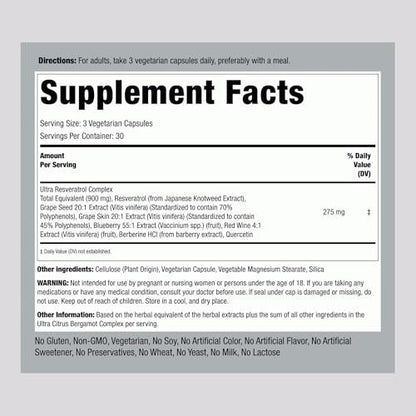 Piping Rock Resveratrol Berberin Traubenkern & Quercetin Komplex | 90 Kapseln | Vegetarisch, Nicht-GVO & Glutenfrei