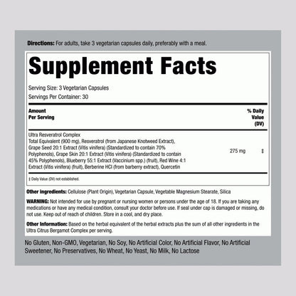 Piping Rock Resveratrol Berberin Traubenkern & Quercetin Komplex | 90 Kapseln | Vegetarisch, Nicht-GVO & Glutenfrei