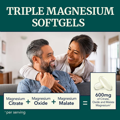 Triple-Magnesium Softgels mit Citrat, Malat & Oxid | Hoch bioverfügbares Magnesiumpräparat für Verdauung, Ruhe, Wadenkrämpfe & Schlafunterstützung | 300 mg Komplex | Leicht zu schluckende Weichkapseln | 60 Stück