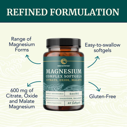 Triple-Magnesium Softgels mit Citrat, Malat & Oxid | Hoch bioverfügbares Magnesiumpräparat für Verdauung, Ruhe, Wadenkrämpfe & Schlafunterstützung | 300 mg Komplex | Leicht zu schluckende Weichkapseln | 60 Stück
