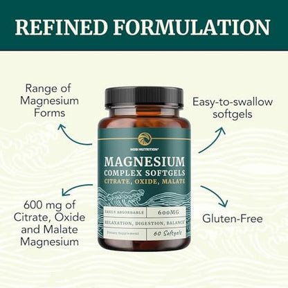 Triple-Magnesium Softgels mit Citrat, Malat & Oxid | Hoch bioverfügbares Magnesiumpräparat für Verdauung, Ruhe, Wadenkrämpfe & Schlafunterstützung | 300 mg Komplex | Leicht zu schluckende Weichkapseln | 60 Stück