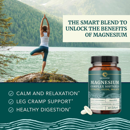 Triple-Magnesium Softgels mit Citrat, Malat & Oxid | Hoch bioverfügbares Magnesiumpräparat für Verdauung, Ruhe, Wadenkrämpfe & Schlafunterstützung | 300 mg Komplex | Leicht zu schluckende Weichkapseln | 60 Stück