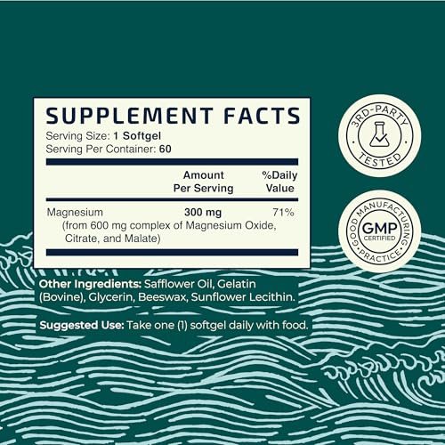 Triple-Magnesium Softgels mit Citrat, Malat & Oxid | Hoch bioverfügbares Magnesiumpräparat für Verdauung, Ruhe, Wadenkrämpfe & Schlafunterstützung | 300 mg Komplex | Leicht zu schluckende Weichkapseln | 60 Stück