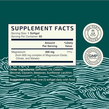 Triple-Magnesium Softgels mit Citrat, Malat & Oxid | Hoch bioverfügbares Magnesiumpräparat für Verdauung, Ruhe, Wadenkrämpfe & Schlafunterstützung | 300 mg Komplex | Leicht zu schluckende Weichkapseln | 60 Stück