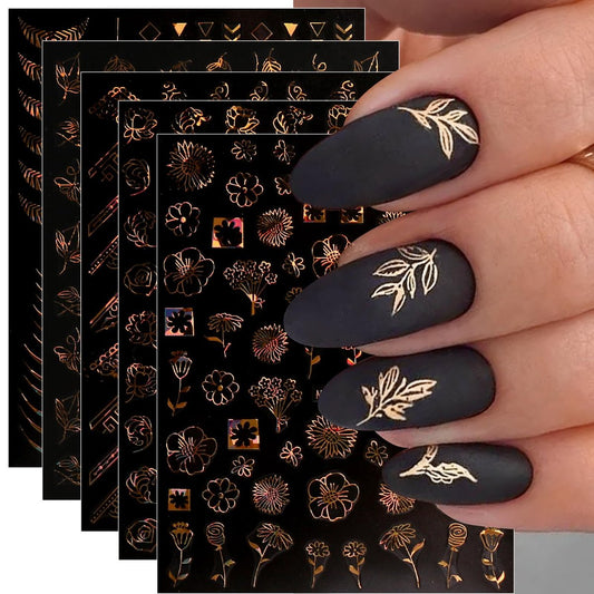 12 Blätter Goldene Blumen-Nagelaufkleber – Selbstklebende Nagelkunst-Dekoration für Frühling & Sommer