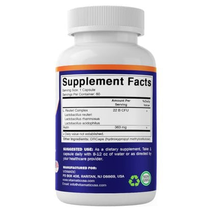 Vitamatic Lactobacillus Reuteri Complex – 22 Milliarden KBE pro Kapsel mit verzögerter Freisetzung – 60 Kapseln – Unterstützung für Verdauung und Darmgesundheit – mit präbiotischem Inulin