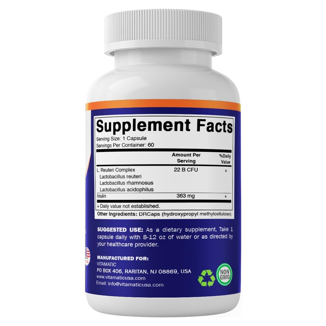 Vitamatic Lactobacillus Reuteri Complex – 22 Milliarden KBE pro Kapsel mit verzögerter Freisetzung – 60 Kapseln – Unterstützung für Verdauung und Darmgesundheit – mit präbiotischem Inulin