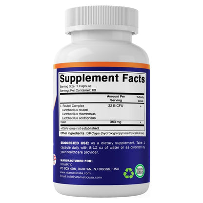 Vitamatic Lactobacillus Reuteri Complex – 22 Milliarden KBE pro Kapsel mit verzögerter Freisetzung – 60 Kapseln – Unterstützung für Verdauung und Darmgesundheit – mit präbiotischem Inulin