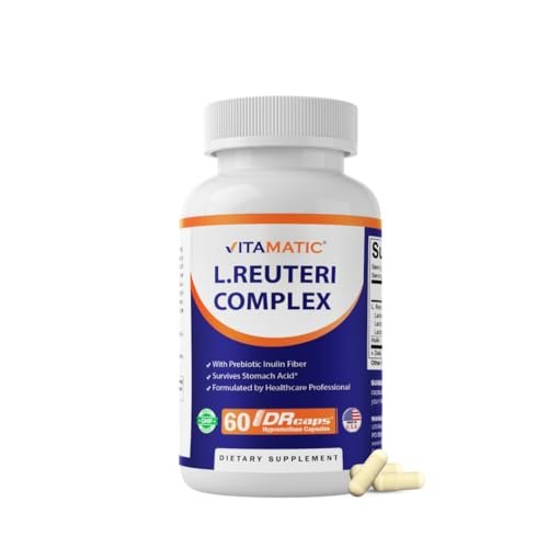 Vitamatic Lactobacillus Reuteri Complex – 22 Milliarden KBE pro Kapsel mit verzögerter Freisetzung – 60 Kapseln – Unterstützung für Verdauung und Darmgesundheit – mit präbiotischem Inulin