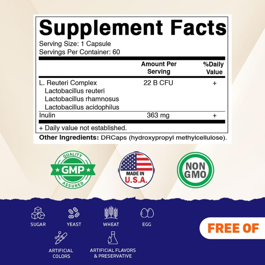 Vitamatic Lactobacillus Reuteri Complex – 22 Milliarden KBE pro Kapsel mit verzögerter Freisetzung – 60 Kapseln – Unterstützung für Verdauung und Darmgesundheit – mit präbiotischem Inulin