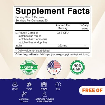 Vitamatic Lactobacillus Reuteri Complex – 22 Milliarden KBE pro Kapsel mit verzögerter Freisetzung – 60 Kapseln – Unterstützung für Verdauung und Darmgesundheit – mit präbiotischem Inulin