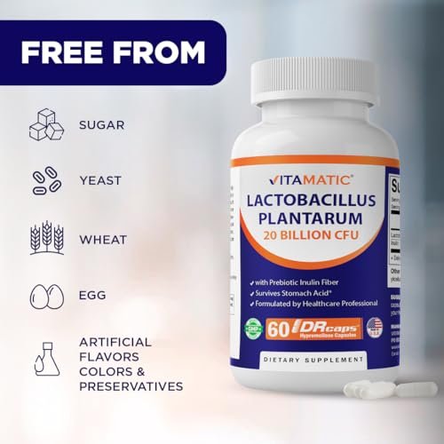 Vitamatic Lactobacillus Plantarum – 20 Milliarden KBE pro Kapsel – 60 Stück – Verdauungsunterstützung mit präbiotischem Inulin